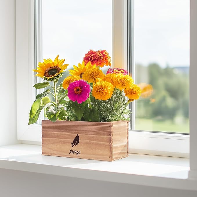 AVERGO Sunflower, Marigold & Zinnia Flower Seeds Growing Kit – Complete Indoor & Outdoor Kit with Seeds for Planting, Planters, Soil, Tools, Instructions – Ideal for Gift Giving