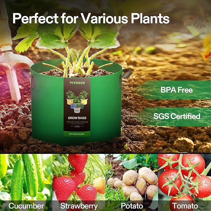 VIVOSUN 5-Pack 5-Gallon Colored Grow Bags, 350G Thick nonwoven Fabric Pots with Handles for Flowers, Fruits and Vegetables