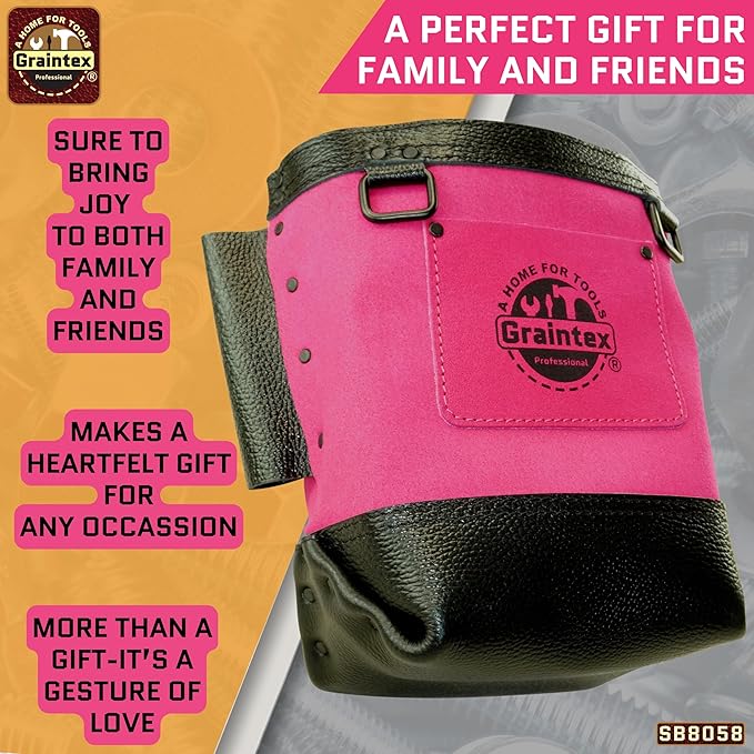 Graintex Nut & Bolt Bag, Pink Color Premium Quality Suede Leather Tool Bag, Tool Belt for Ironworker Tools, Bull Pin Loops, Ideal for Heavy-Duty Use, Bolt Bags for Construction Professionals - SB8058