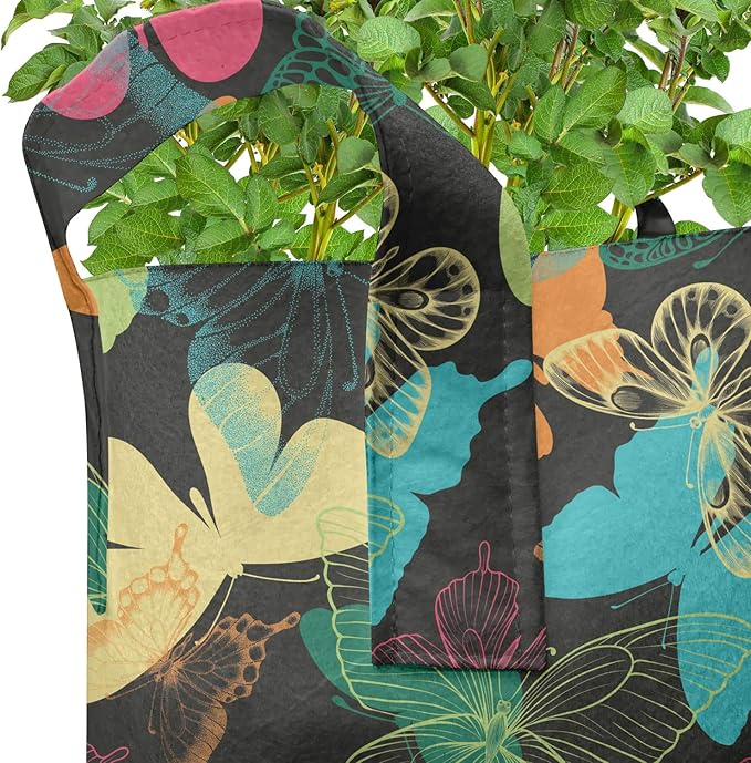 Ambesonne Butterfly Grow Bags 5-Pack, Colorful Silhouettes Art, Heavyduty Fabric Pots with Handles for Plants, Charcoal Blue