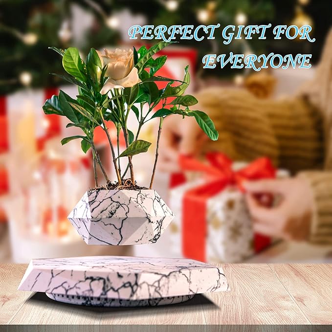 Levitation Air Bonsai Magnetic Levitating Mini Rotating Flower Planter, Suspension Floating Succulents Pot for Sky-Garden, Home, Living Room, Office Desk Decor (Marble Color)