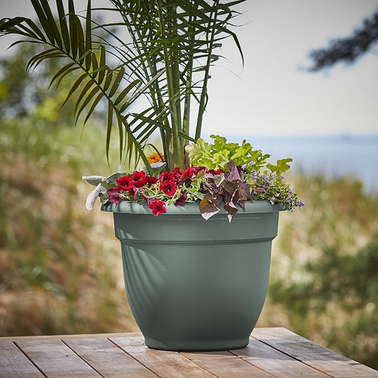Bloem Ariana 20" Basil Round Self-Watering Resin Planter Pot - Rolled Rim Indoor and Outdoor Gardening Planter