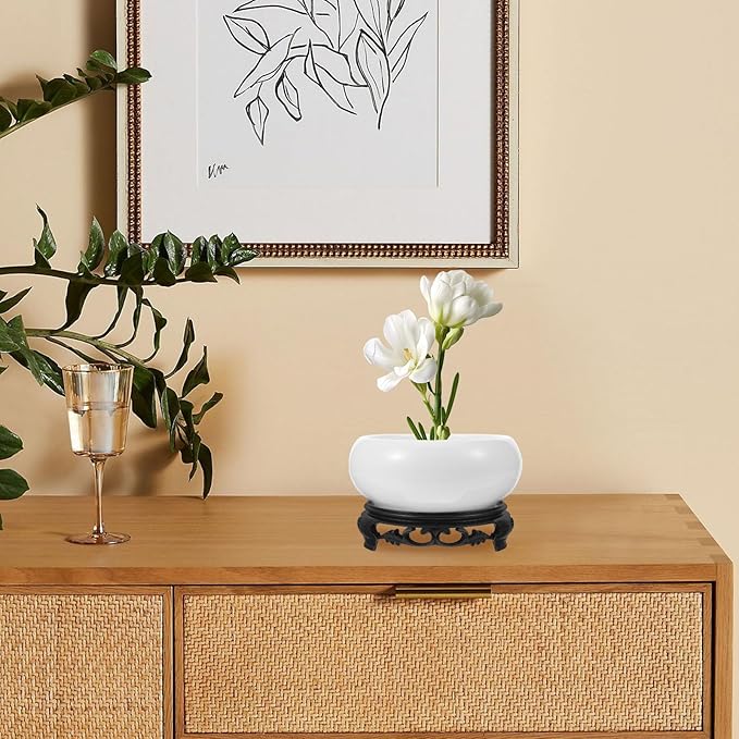 YARNOW Lotus Bowl Planter with Stand, 5.1 Inch Hydroponic Planter Bowl, Ceramic Water Lily Pot for Home Garden Office Decor