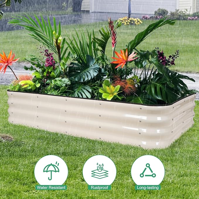1MORE Raised Garden Bed -5X3X1 Galvanized Planter Box for Outdoor Gardening,4 in 1 Modular Raised Bed Kit with Protective Tape, Gloves for Herb,Ideal for Vegetables and Plants.White-2Pcak