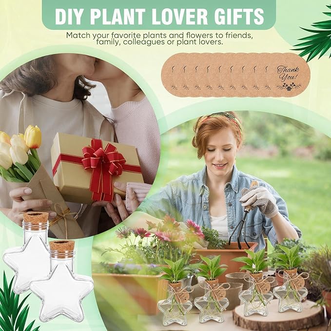 Baderke 24 Pack 3.74'' Plastic Plant Propagation Stations with Hole Lid 5oz Planter Vase Clear Propagation Jars with Thank You Tags for Plant Lover Gifts for Women Office Home Garden