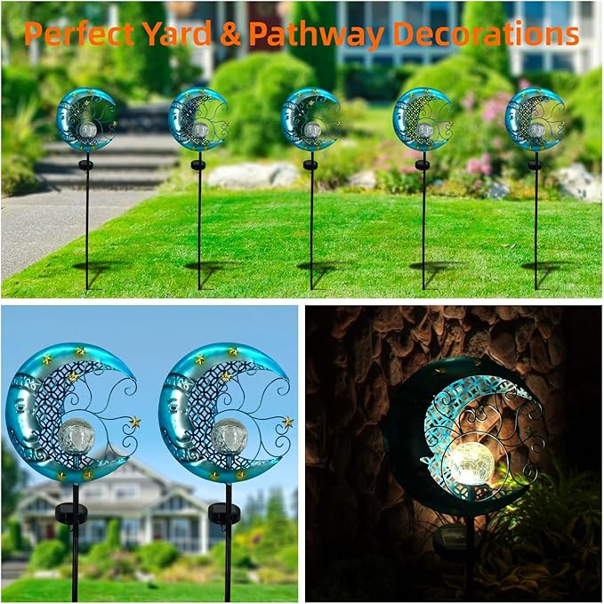 Solar Garden Lights Outdoor Waterproof Pathway Lights Moon Lantern with Crackle Glass Glass Globe Led Warm Light for Walkway,Backyard,Patio,Lawn,Pathway Decoration(Blue)