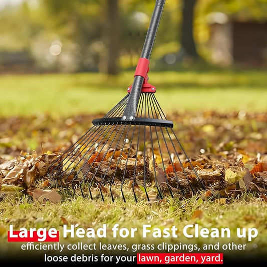 Rake, Adjustable Rakes for Leaves with 9”-17” Head, Rakes for Lawns Heavy Duty, 60 in Garden Rake with 18 Clog-Free Tines, Long Handle, Metal Gardening Tool, Fast Cleanup, Easy Carry for Camping