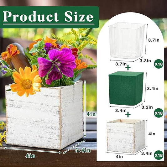 Dandat 18 Sets Wooden Cube Planter Boxes for Centerpiece 4 Inch Flower White Wood Rustic Square Vase with Removable Plastic Liner Floral Foam Block for Garden Wedding Home Arrangement Decor
