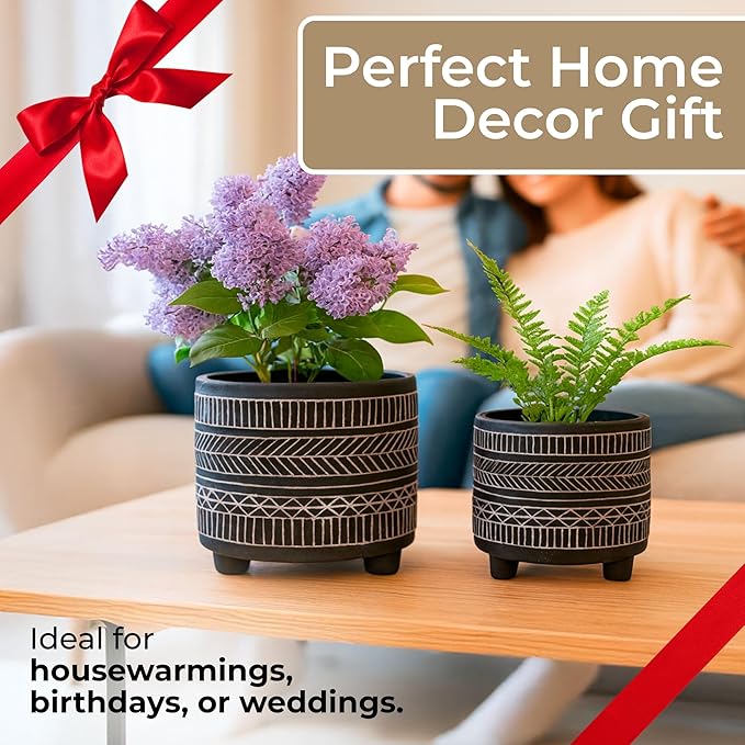 Set of 2 Tribal Look Footed Decorative Planter Pot – Ceramic Stoneware Outdoor and Indoor Plant Pot – Modern Garden and Home Decor Planters – 6" and 8", Black