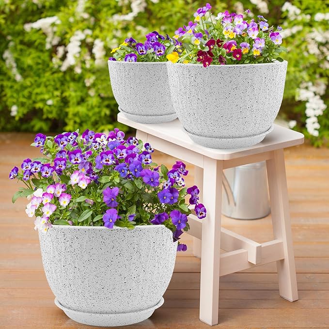 12/10/9 inch Plant Pots, 3 Pack Flower Pots for Outdoor Indoor Garden Plants, Large Planters with Multi Mesh Drainage Holes and Saucer (Speckled White, 12"+10"+9")