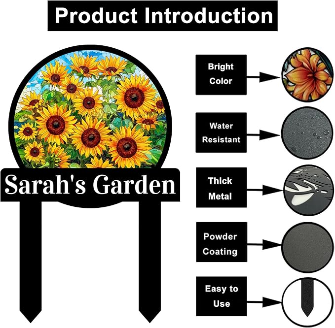 Personalized Sunflower Garden Sign with Stake, Custom Sunflower Garden Stake Plaque Metal Yard Sign, Customized Colorful Sunflower Patio Lawn Outdoor Decor Name Sign for Mom Grandma