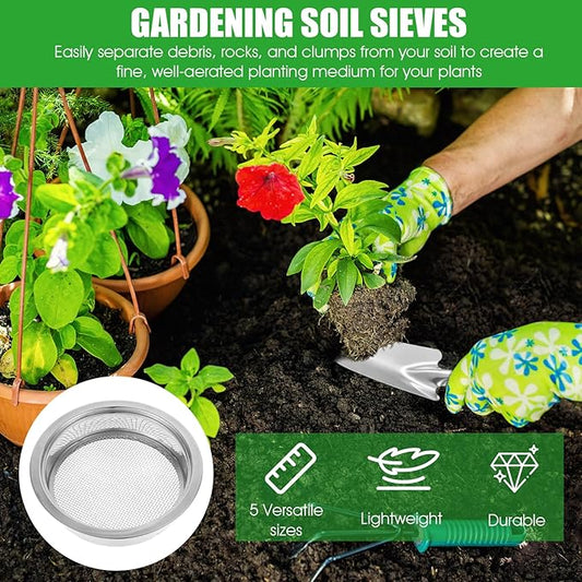 Soil Sieve Set Garden Soil Sifter Stainless Steel Mesh Sifter, 5 Sieve Set for Gardening with 8" Diameter 1/3/6/9/12mm Interchangeable Meshes, Includes Shovel for Potting, Planting