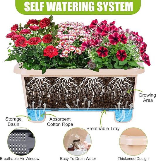 Self-Watering Rectangle Planter Boxes 8-Pack, 15.7-Inch Window Box Planter with Drainage Holes & Trays, Pots for Vegetables, Herbs, Flowers, Garden Windowsill Balcony (Yellow)