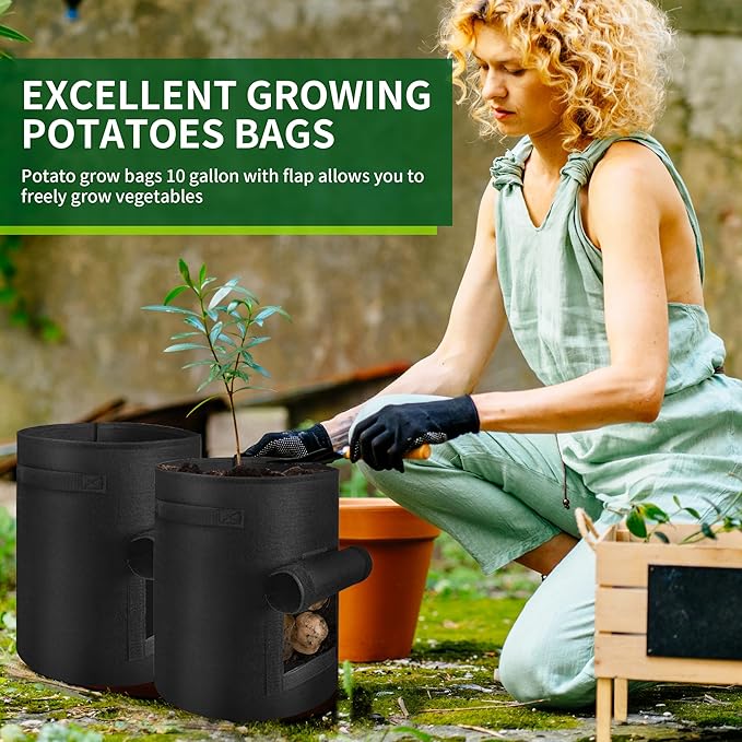 2 Pack 10 Gallon Grow Bags for Growing Potatoes,Plant Grow Bags for Vegetables,Potato Grow Bags with Flap(Black)