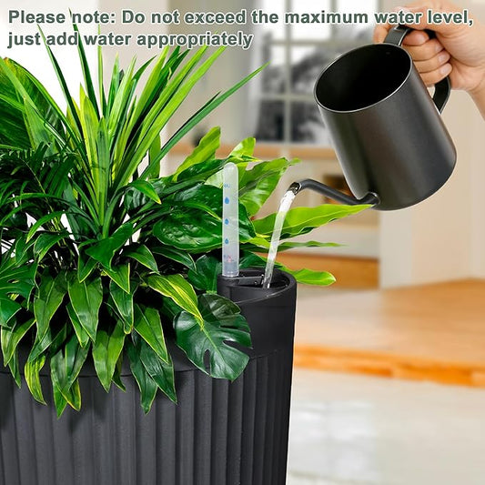 Self Watering Tall Black Planters Outdoor Set of 2, 24” Flower Pots Planters for Outdoor Plants, Modern Plastic Tall Planter for Front Porch, with Drainage Hole (Ribbed)
