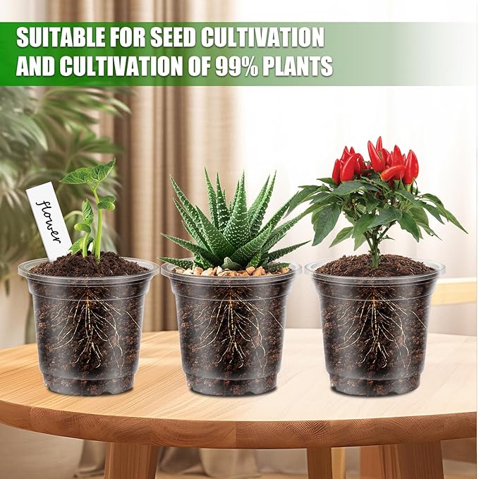 30Pcs Plastic Plant Pots with Repotting Mat,6 Inch Clear Nursery Pots with Drainage,Clear Nursery Pots with 30pcs Plant Labels,29inch*39inch PE Planting Mat for Indoor Garden Plants