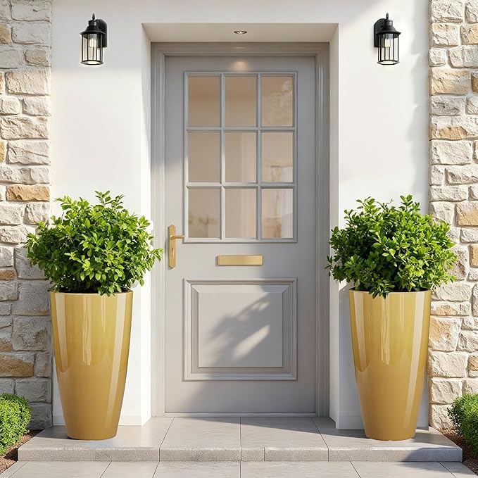 QCQHDU 21 inch Tall Planters for Outdoor & Indoor Plants, 2 Pack Sturdy Plant-Flower-Tree Pots for Front Porch Patio Deck Living Room Decor, Golden