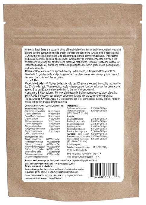 Down To Earth All Natural Fertilizers Organic Granular Root Zone - Mycorrhizal Fungi and Beneficial Bacteria - Soil and Root Inoculant for Plants, 2 oz