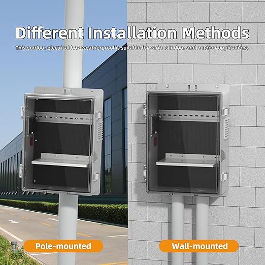 Joinfworld Outdoor Electrical Vented Box Outdoor Waterproof Junction Enclosure 16x11x6 Plastic WiFi Box with Stainless Steel Buckle Dust Screen 12V Fan