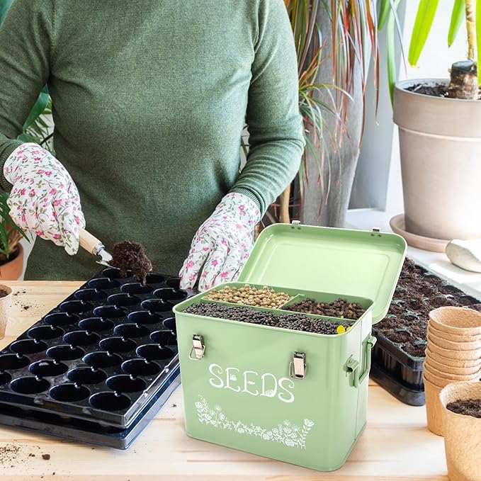Seed Storage Organizer, Metal Seed Saving Box with Garden String and 10 Wood Plant Labels, 3 Compartment Seed Container Bin with Lid and Safety Locks, Perfect for Flower Plants Garden Lover