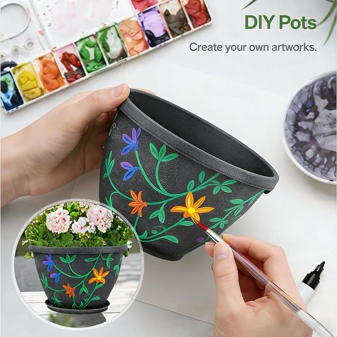 4 Pack 10 Inch Plant Pot for Outdoor Indoor, Plastic Flower Pots with Drainage Hole & Saucer, Lightweight Small Resin Flower Pot, Imitation Magnolia Planter Pots for Garden House(Gray)