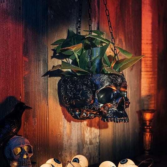 Hanging Skull Planter Pot with Chain and Hook Gothic Skeleton Candy Bowl Trick or Treat Bucket Spooky Skull Flower Pot Creepy Horror Home Decor Outdoor Indoor Garden Decoration 6 Inch Black Planter