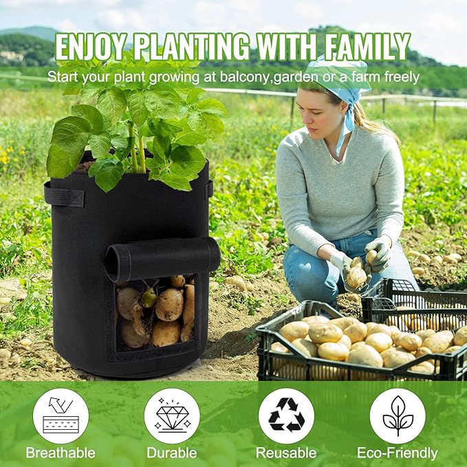 Backyard Expressions 10-Gallon Potato Grow Bags – Set of 4 Fabric Planter Bag with Harvest Window & Handles – Reusable, Breathable, Durable for Vegetables, Herbs & Root Crops