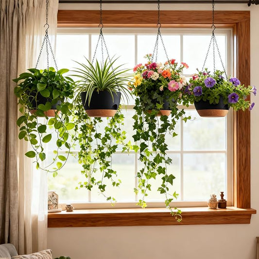 4 Pack 8 Inch Self Watering Hanging Planters for Indoor Outdoor Plants,Hanging Pots for Plants with Drainage Removable Tray, Hanging Baskets Flower Pots for Pothos Spider Garden Black with Brown