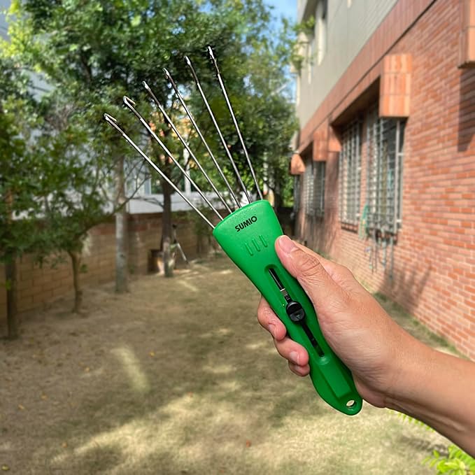SUMIO Adjustable Hand Rake – 6-Tine Wire Broom, 4-Position Rake Head, Rust-Resistant for Tight Spaces, Debris Cleanup (Green)