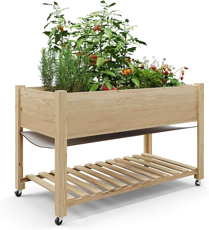 48x24x30in Raised Garden Bed with Wheels,Elevated Raised Planter Box Outdoor for Growing Vegetables and Herbs,Sturdy Wooden Raised Table Garden Bed with Legs-Enhanced Depth,Natural