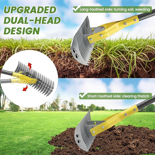 Thatch Rake, 55 inch Heavy Duty Dethatcher Rake Adjustable Dethatching for Loosening Soil Gathering for Leaves Leveling Lawn Farming Land Cleaning Dead Grass Yard Garden