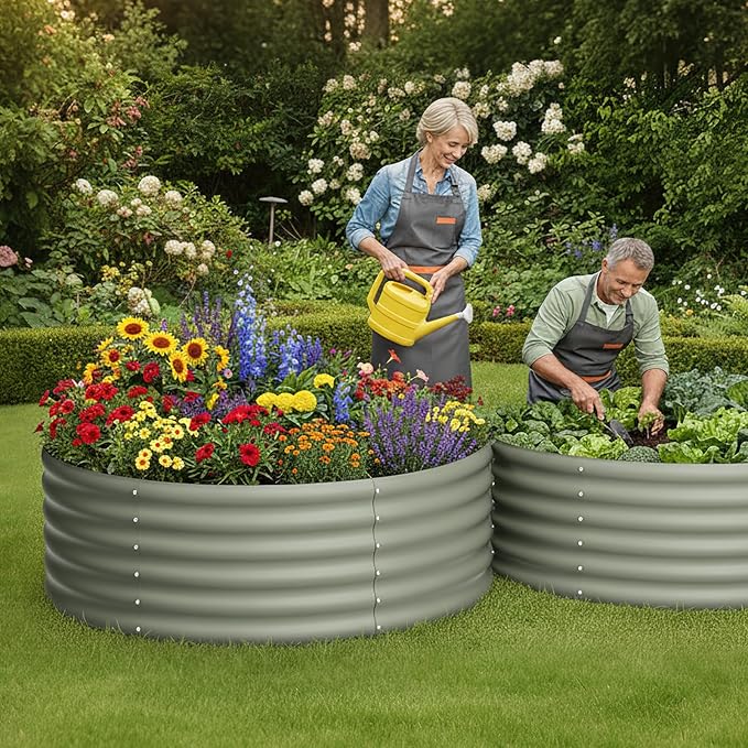 DDK Galvanized Raised Garden Bed, Round Outdoor Planter Bed, 4x4x1.5ft Metal Planter Box for Gardening and Planting,2Pack,LG