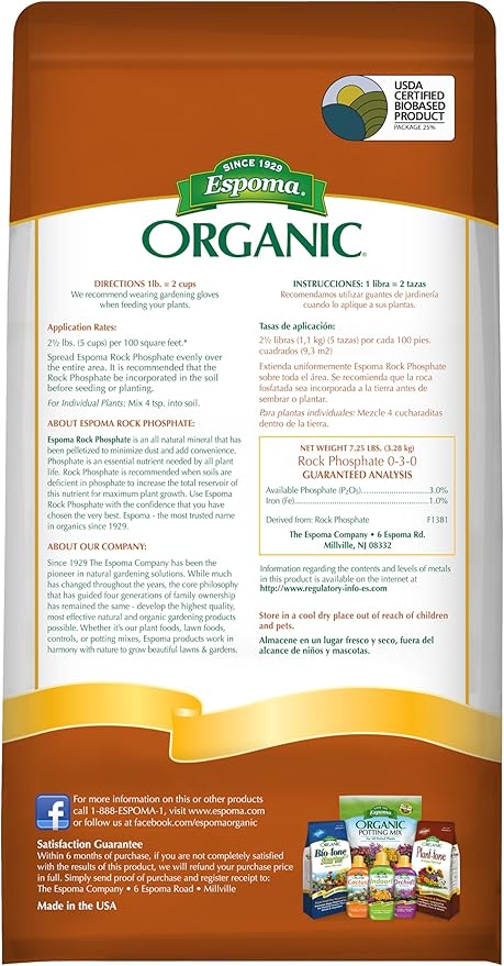Espoma Rock Phosphate – 7.25 lb Organic Plant Fertilizer for Outdoor Flower Or Vegetable Gardens – Promotes Blooming & Root Growth – for Use On All Plants
