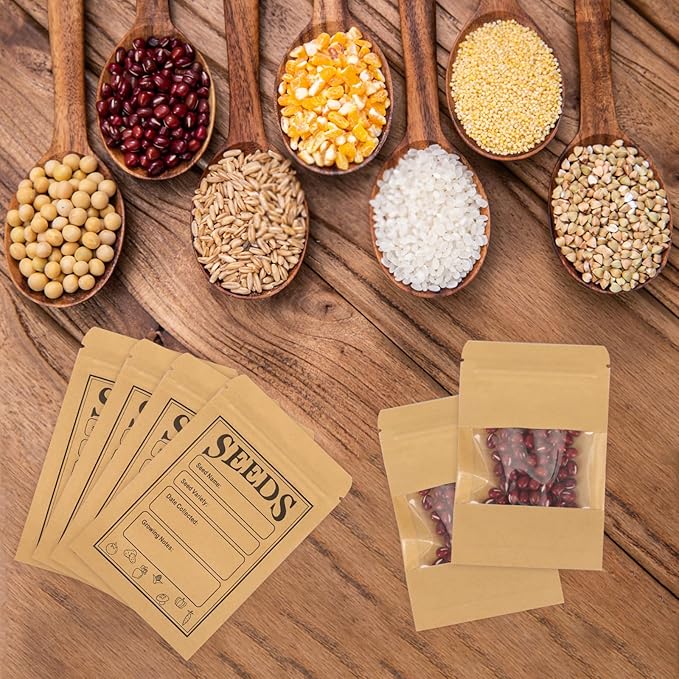 100pcs Seed Saving Envelopes with Clear Window, 4.7x3.1 Inch Reusable Seed Kraft Storage Organizer Packets Envelopes for Flower Vegetable Plants Garden Seeds Saving & Collecting