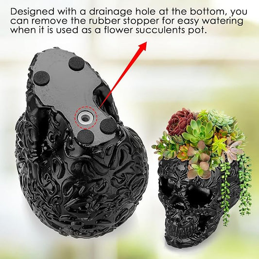 OwnMy Resin Skull Planter for Indoor Plants, Black Skull Flower Succulent Pot with Drainage Holes, Halloween Skulls Head Planter Decorative Small Succulents Planters Pot for Tabletop