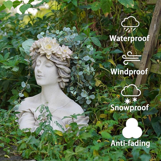 Head Planter Face Flower Pot - Lily Pond Goddess Planter 9 Inch Garden Resin Face Planter with Drainage Hole Plants Pot for Indoor and Outdoor Plant Closed Eyes 15 * 9 * 16 Inch