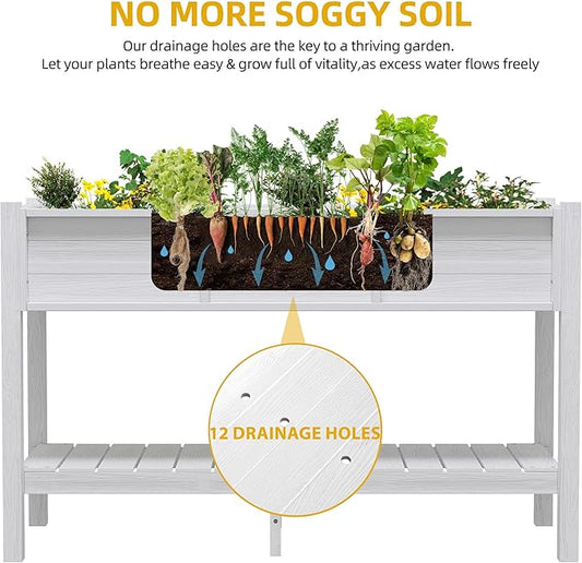 DWVO 48x18x30in Raised Garden Bed HDPE, Poly Wood Planter Box Stand,Weather-Resistant Planter Box with Legs & Storage Shelf, Elevated Garden Bed for Backyard, Patio, Balcony, White