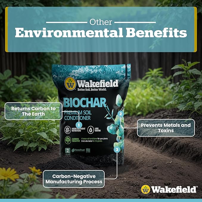 Wakefield Premium Organic Biochar Soil Amendment & Soil Conditioner Certified Carbon-Negative Nutrient-Locking, Water-Efficient Bio Char for Plants & Lawns - Soil Amendments for Lawn - 2 Quart