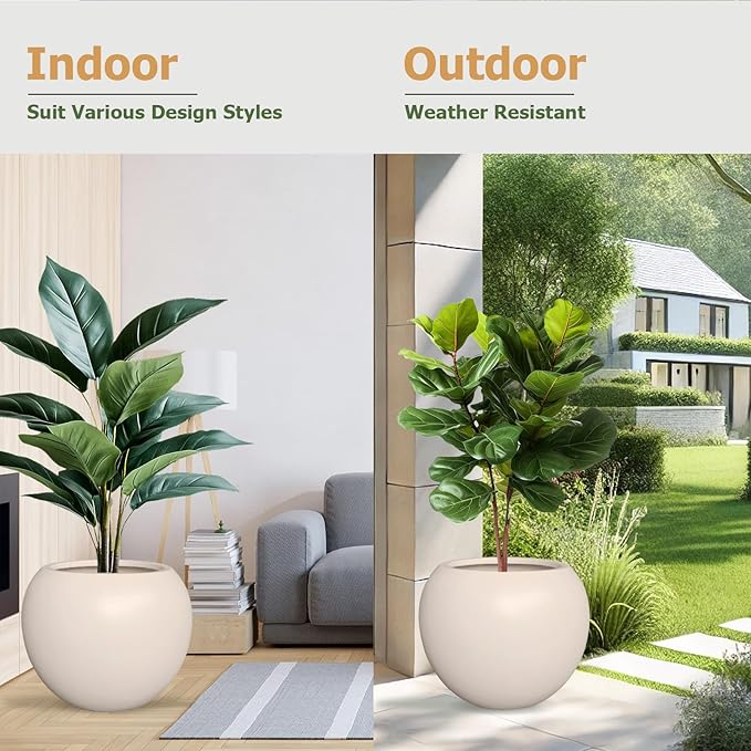 9.7" H x 12" D Globo Fiberstone Round Planter with Drainage Hole, Smooth Finishes, Weather Resistant for Indoor and Outdoor Use, Included 2 Extra Coco Mats (Kilim Beige, 7.8" Pot Opening)