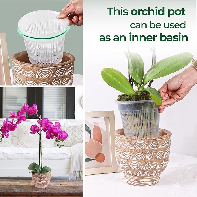 T4U Orchid Pot, 6 Pack 6.3 Inch Orchid Pots with Holes and Saucers, Clear Orchid Pots for Repotting, Plastic Flower Plant Pot for Indoor Outdoor Plants, Slotted Orchids Planter for Root Health