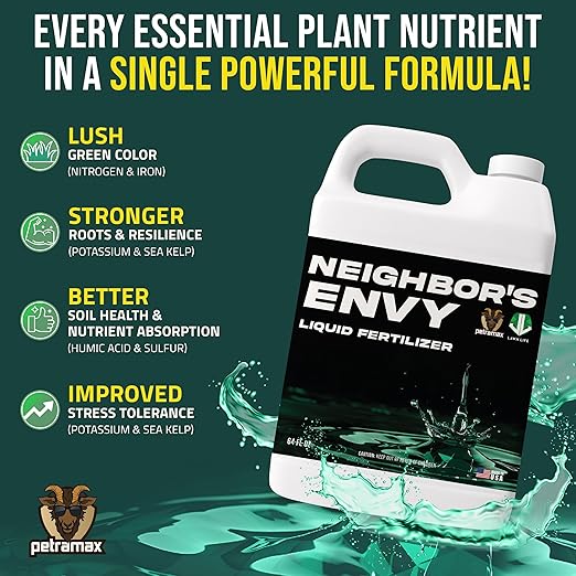 PetraMax Neighbor’s Envy Grass Fertilizer for Lawn & Garden, 64 Ounce Covers up to 8,000 sq.ft. 7-in-1 Liquid Lawn Fertilizer Concentrate for Deep Green Turf - Includes Nitrogen/Iron/Humic/Sea Kelp