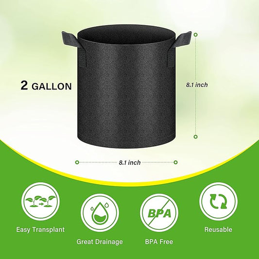 HealSmart 6-Pack 2 Gallon Nonwoven Grow Bags, Aeration Fabric Pots with Handles, Suitable for Garden Fruits, Vegetables and Flowers, Black