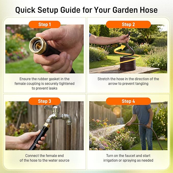 Garden Hose, 100ft 5/8" Heavy Duty Rubber Water Hose, 550 PSI Burst, 360° Anti-Kink Swivel Connectors, All-Weather Flexible, Leakproof 3/4" Brass Male to Female Fittings