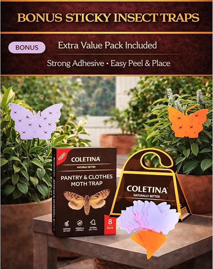 Coletina Moth Trap for Clothes Pantry Moth Traps with pheromones Pack of 8 Odorless Adhesive Boards for Closet Wardrobe Pantry Food Storage Indoor Home Control Plus 8 Insect Traps 24/7 Protection