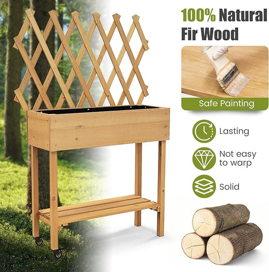 Raised Garden Bed with Trellis, Fir Wood Elevated Planter Bed with Legs, 2 Lockable Wheels & Storage Shelf, Wooden Planter Box Raised Bed for Gardening, Backyard, Balcony & Greenhouse