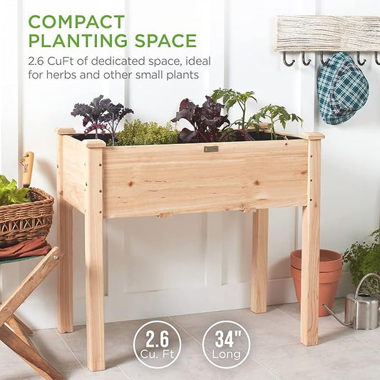 Best Choice Products 34x18x30in Raised Garden Bed, Elevated Wood Planter Box Stand for Kids, Backyard, Patio, Balcony w/Bed Liner, 150lb Capacity - Natural