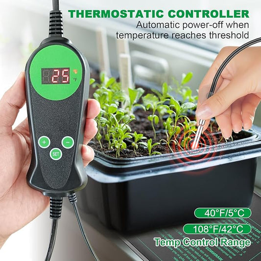 Seedling Heat Mat with Built-in Temperature Controller, 10" x 20.75" Waterproof Plant Heating Pad with Thermostat for Indoor Seed Starting Germination Hydroponics