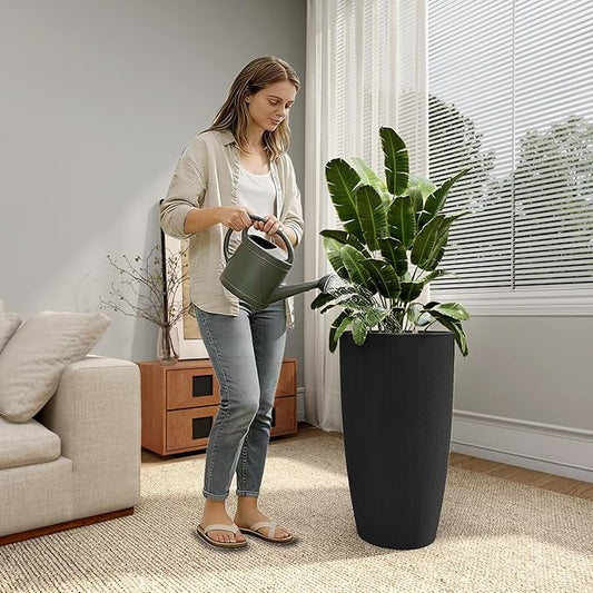 22" Tall Planter Set of 2, Large Self Watering Pots for Indoor/Outdoor Plants with Drain Holes, Water Level Monitor, Inner Bucket for Front Porch Patio, Black Rattan Conical