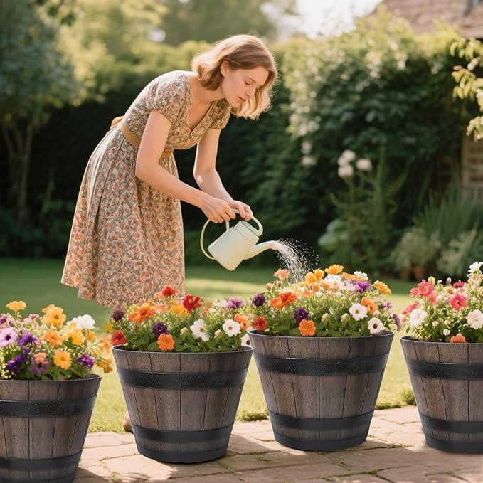 Large Plant Pots, 20 Inch 2 Pack Plastic Whiskey Barrel Planters, Big Flower Pots Wine Barrel Design for Outdoor Indoor, Garden, Porch, Patio, Backyard