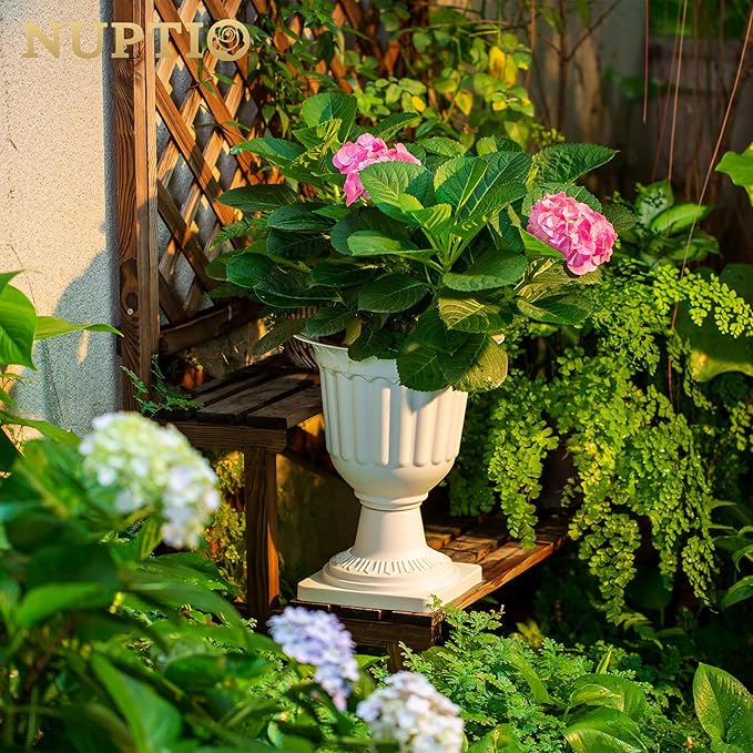 NUPTIO 6 Pcs Classic Urn Planter, 13.98 inch Tall Large Plastic Outdoor Urns Planters, Pedestal Flower vases Plant Pot, Resin Grecian Plants Pots for Garden Porch Front Door, White
